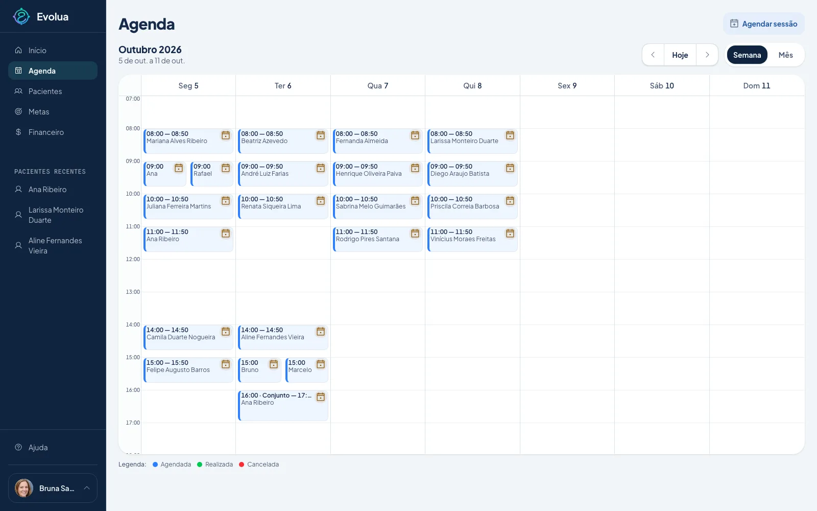 Agenda semanal do Evolua com sessões organizadas por dia e horário