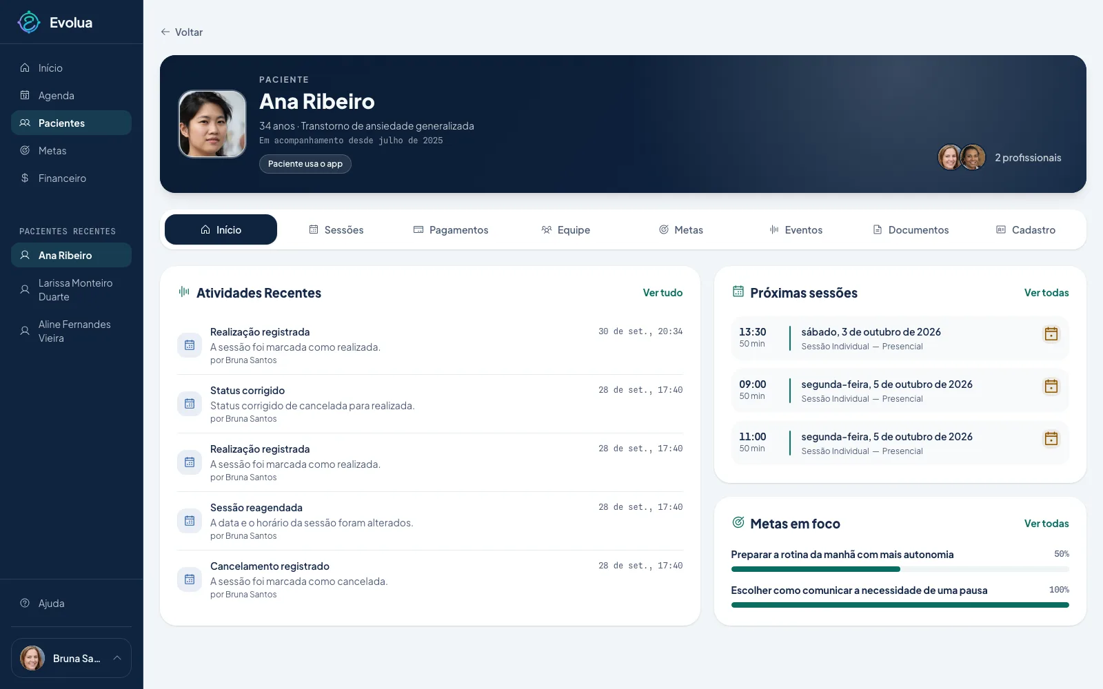 Página de um paciente no Evolua com atividades recentes, próximas sessões e metas em foco